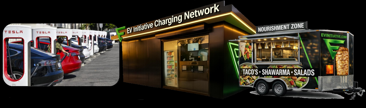 Tesla Superchargers, amenity building, and Nourishment Zone food trailer